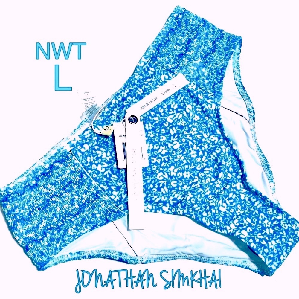 NWT (L) Jonathan Simkhai blue high leg capri embroidered smocked swim bikini